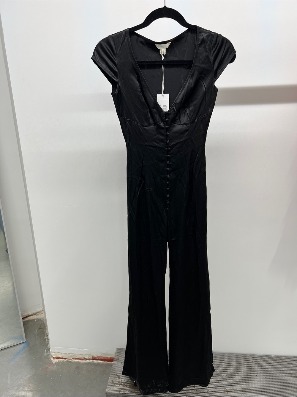 Black V-Neck Button-Front Wide-Leg Silk Jumpsuit